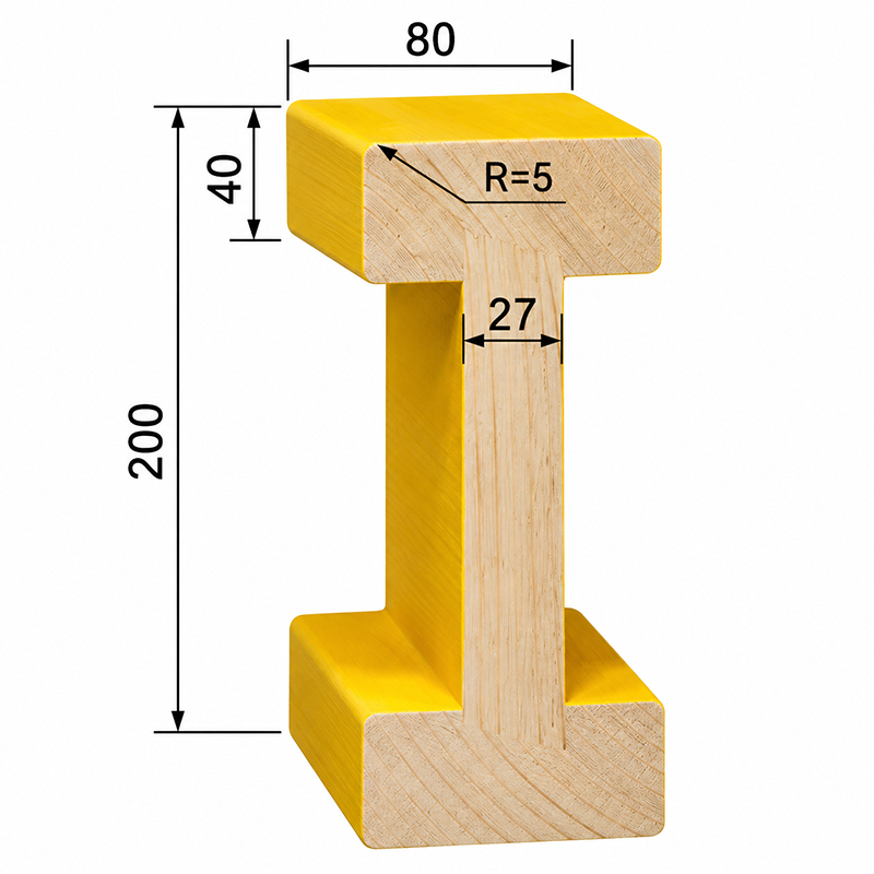 H20 timber beam cross-section showing 200 mm height, 80 mm flange width, 40 mm flange depth and 27 mm plywood web